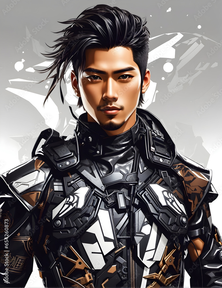 Obraz premium Japanese theme designs, handsome man wearing cyberpunk leather. Ai generative