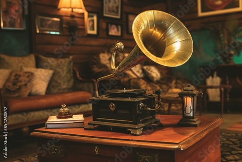 Experience the nostalgic ambience of an old-fashioned gramophone gracing a rustic table. Generative AI