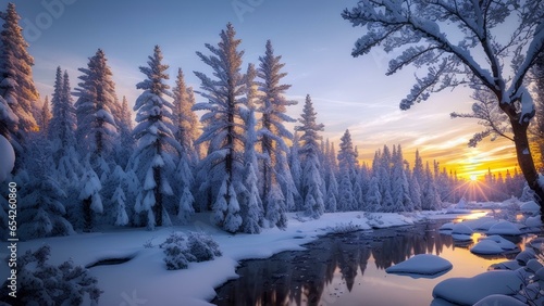 ice and snow scenery in Golden hour 