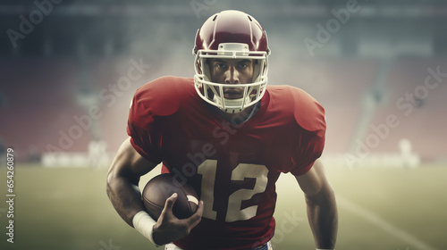 dynamic Portrait American football sportsman player, running sportsman with ball in sports uniform and helmet