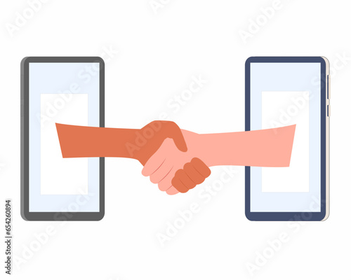 Two businessman shaking hands from phone virtual work meeting business deal concept 
