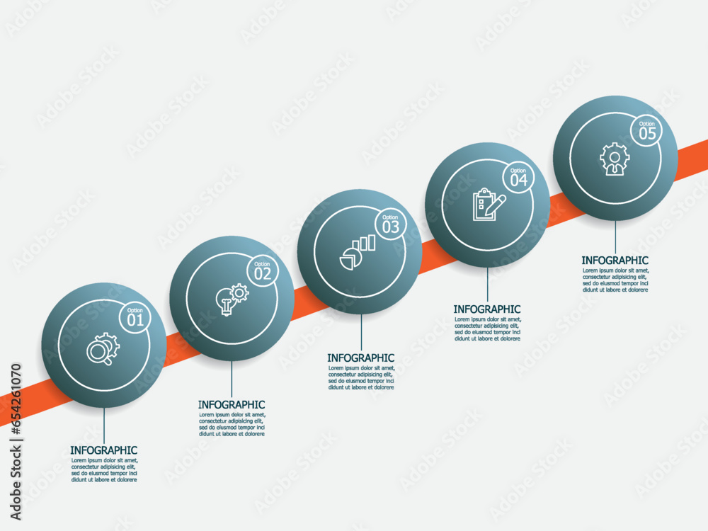Fototapeta premium horizontal circle round steps timeline infographic element report background with business line icon 5 steps for any business-related presentation