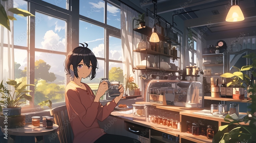 ［AI生成画像］カフェでお茶を飲む少女4