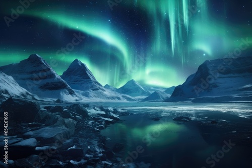 Amazing scenery of the northern lights over the snowy mountains © PinkiePie