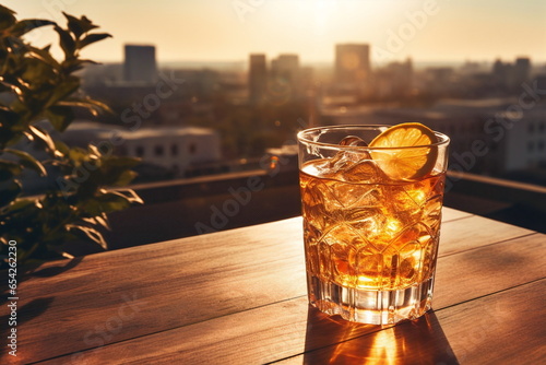 cocktail on table at rooftop bar overlooking sunset and city