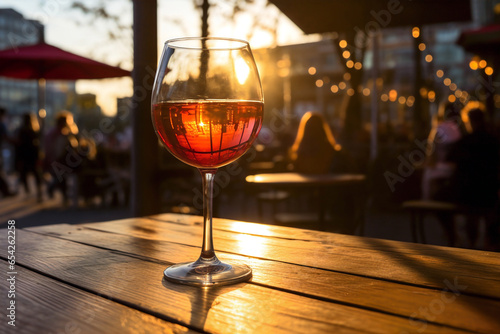 glass of light red wine on wooden table at a bar in warm afternoon sunlight dusk photo