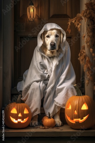 A big dog sits on the porch like a Halloween ghost. Festive glowing pumpkins.