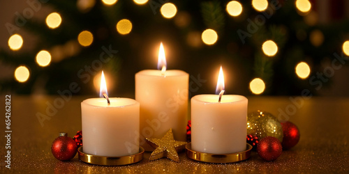 A beautiful background of candles decorated in the Christmas night with beautiful light and bokeh  copy space