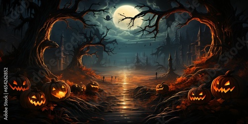 Spooky Halloween Background with Jack O' Lanterns, Grave Yard, and Scary Trees