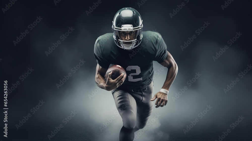 dynamic Portrait American football sportsman player, running sportsman with ball in sports uniform and helmet
