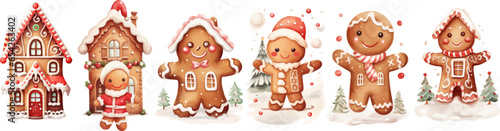 Holiday gingerbread man cookie. Watercolor Illustration set christmas gingerbread. Cookie in shape of man with colored icing. Happy new year decoration.  Vector