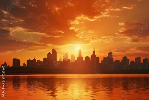 Beautiful skyline bathed in golden hues as the sun gracefully sets. Generative AI