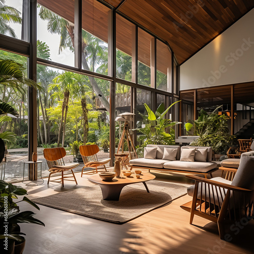 Interior Scene in a house located in a jungle beach Woodeen floor, modern furnitures created with Generative Ai