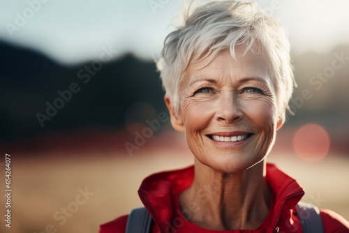 Close up portrait of smiling senior sport woman outdoors.