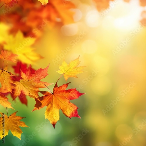 Twigs with yellow and red maple autumn leaves on a blurred background.