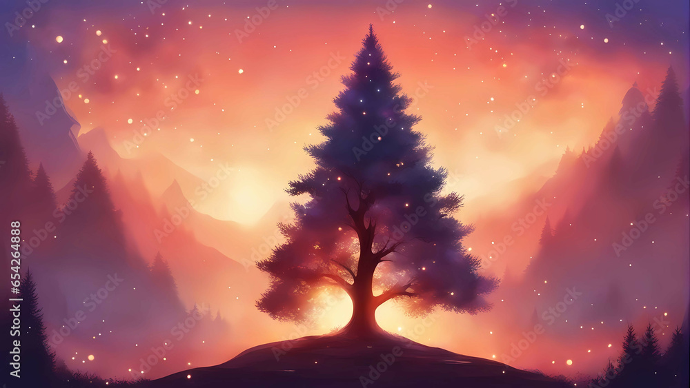 Fototapeta premium Christmas tree at night in the mountains