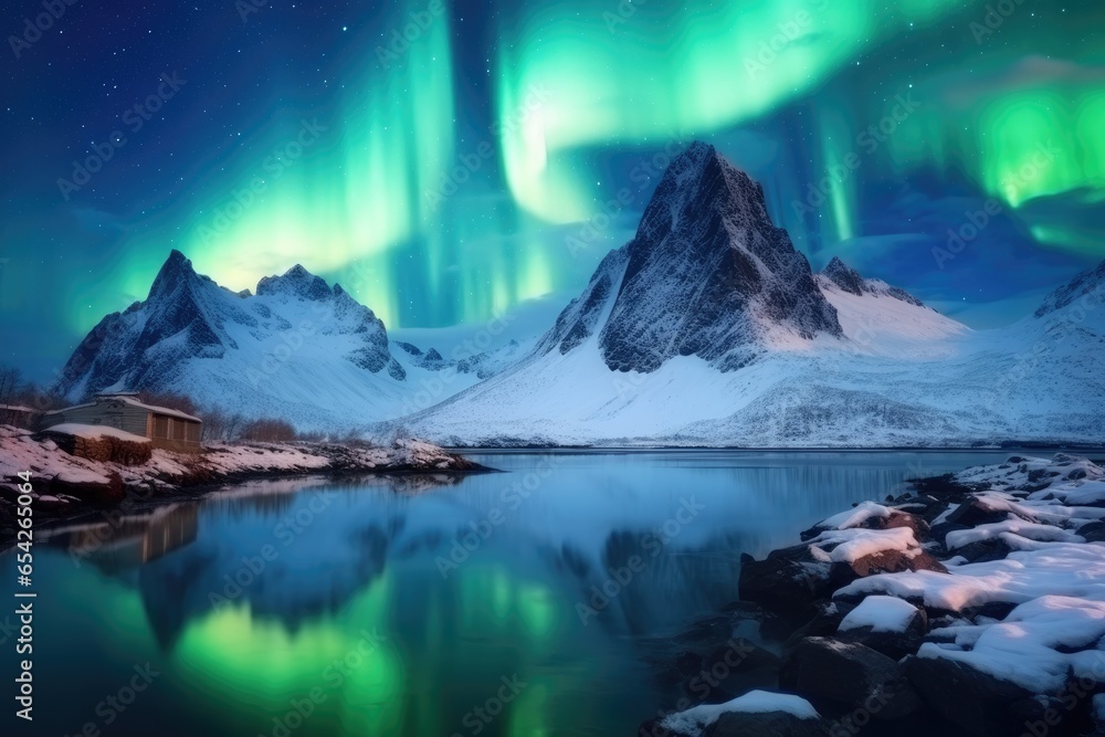 Amazing scenery of the northern lights over the snowy mountains Amazing scenery of the northern lights over the snowy mountains
