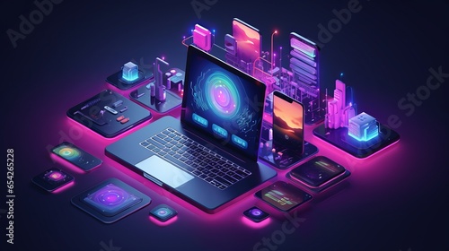 isometric computer technology illustration with pc, laptop, and mobile devices on desk - programming software and app development concept photo