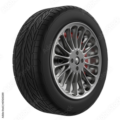 Car rim close up perspective view on a white background. Car tire macro. Wheel automobile. 3d Render