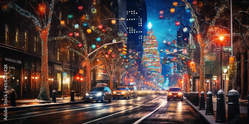 A bustling New York city street at night representing the Christmas, Genarative AI.