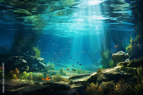 Lake underwater scene with natural fish habitat. Generative AI © Clio