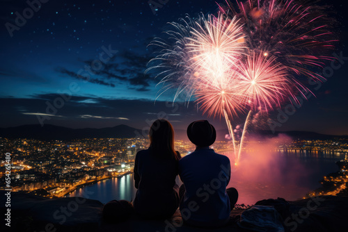 Couple sitting on hill and watching the fireworks