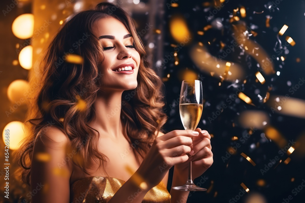 A Woman Dancing and Drinking Champagne Showered With Confetti A Woman Dancing and Drinking Champagne Showered With Confetti