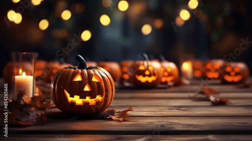 Pumpkins on a wooden table, blurred background with lights in the background.