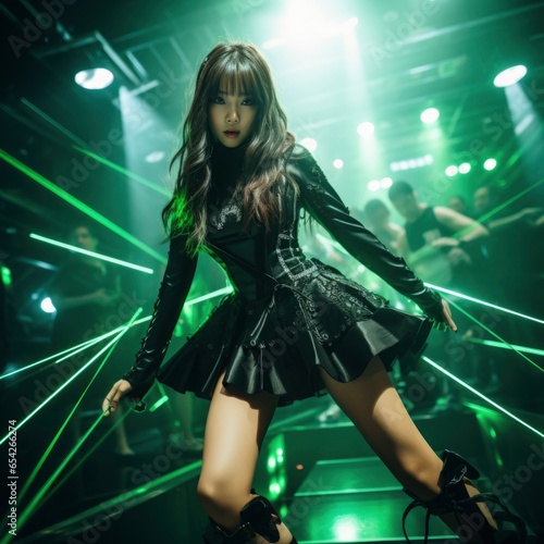A fictional Asian girl in a black dress dances alone in a dark club, green lasers in the background.