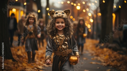 Fiction children in Halloween costumes on the street.