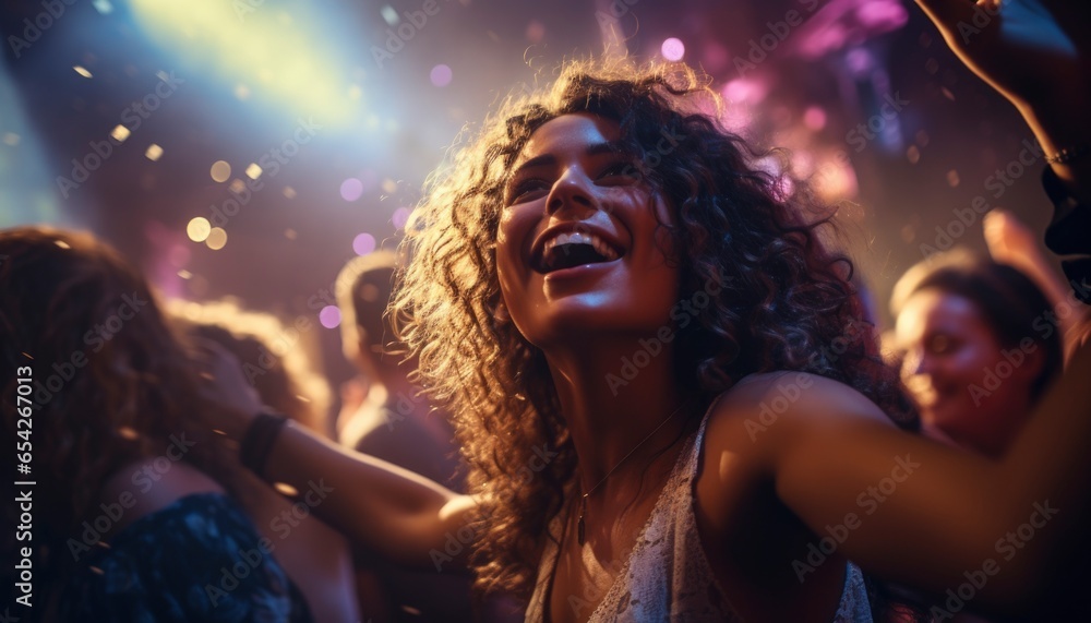 Close-up of a fictional girl in a club against the backdrop of flickering lights and a large crowd. Close-up of a fictional girl in a club against the backdrop of flickering lights and a large crowd.