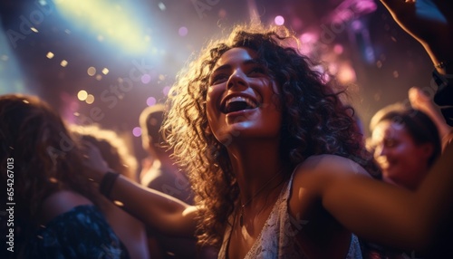 Close-up of a fictional girl in a club against the backdrop of flickering lights and a large crowd.
