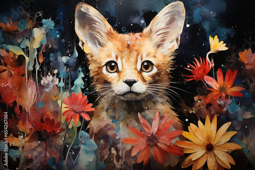 A red kitten in a watercolor garden filled with whimsical details
