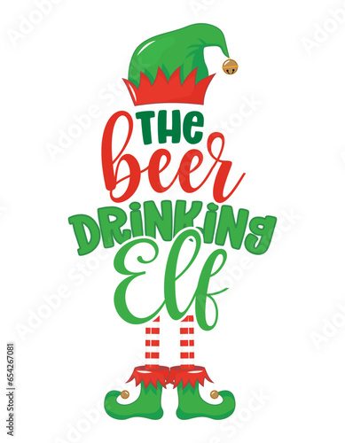 The beer drinking elf - phrase for Christmas clothes or ugly sweaters. Hand drawn lettering for Xmas greetings cards, invitations. Good for t-shirt, mug, gift tag, printing press. Little Elf.