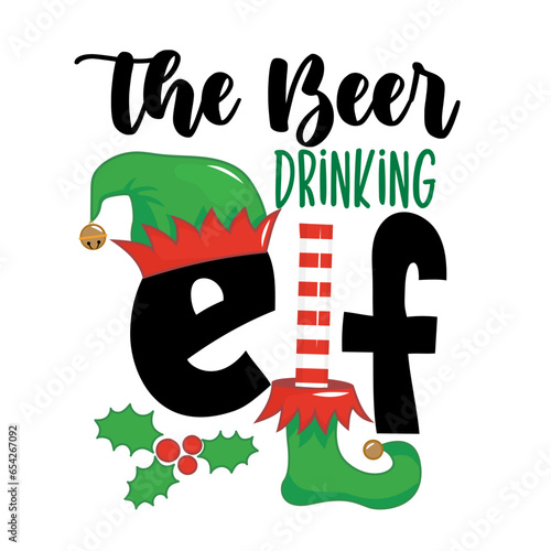 The beer drinking elf - phrase for Christmas clothes or ugly sweaters. Hand drawn lettering for Xmas greetings cards, invitations. Good for t-shirt, mug, gift tag, printing press. Little Elf.