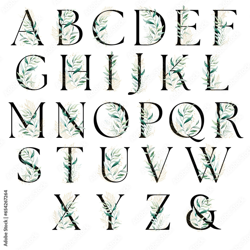 Black letters with green a watercolor leaves, isolated wedding illustration, Alphabet Element