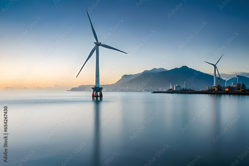 wind turbines at sunset generated by AI