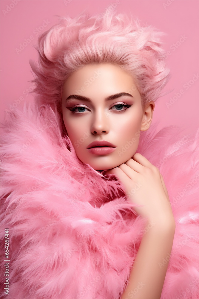 Close up fashion studio photo of an elegant woman in pink feathers Close up fashion studio photo of an elegant woman in pink feathers