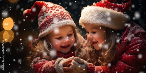 Children wearing Christmas hats enjoy the snow, Genarative AI.