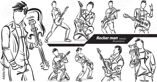 rocker man music career profession work doodle design drawing vector illustration