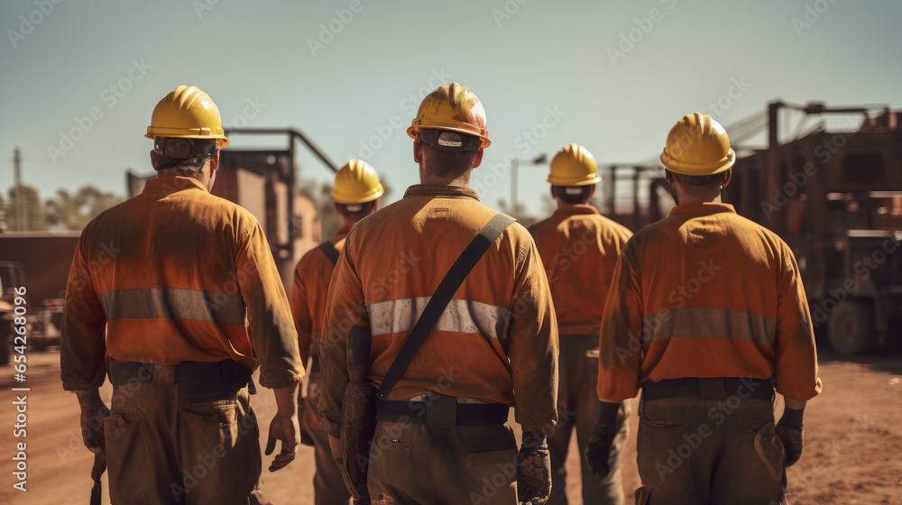 Back view of mine workers wearing helmets Back view of mine workers wearing helmets
