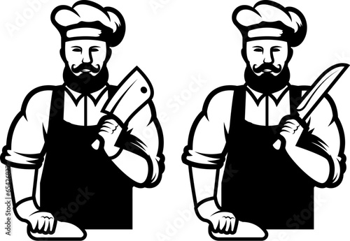 Illustration of a butcher with hatchet and meat. Design element for emblem, sign, badge. Vector illustration