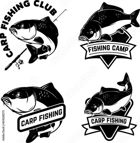Set of carp fishing emblems in monochrome style. Carp fish logo, label, sign, poster, badge.