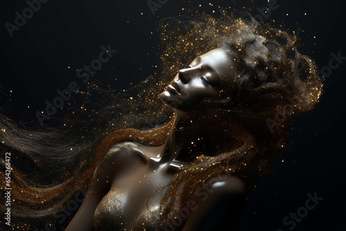 Abstract luxury shiny golden wave design element on black background with woman. The golden color of a transparent smoky wave
