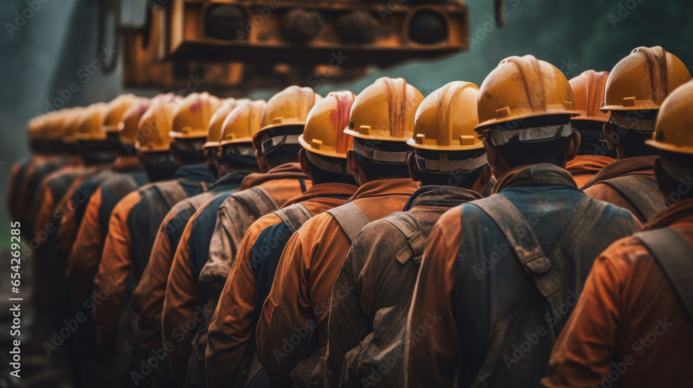 Obraz premium Back view of mine workers wearing helmets