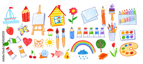 Felt pen vector illustrations set of child drawings of art supplies and doodles