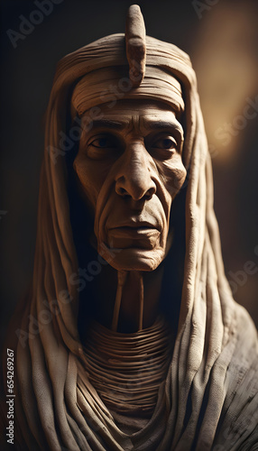 A mummy with unraveled bandages  revealing its eyes ai generates