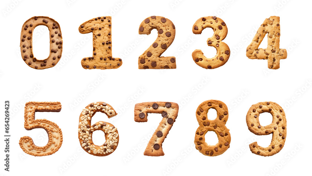 White cookie font type numbers from 0 to 9, cartoon alphabet typeface numbers, bakery sweet food numbers. Cookie font cake candy or chocolate pastry typeset for birthday, typography. High quality