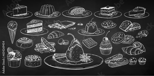 Vector chalk drawings illustratoins set of desserts and sweet food on chalkboard background