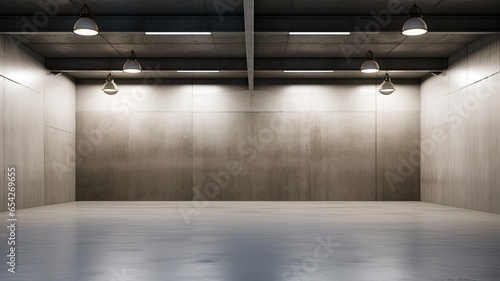 an empty concrete garage. The well-lit space features clean walls, a polished concrete floor, and modern hanging lamps, creating a minimalist and functional design.